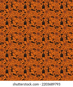 Doodle Halloween seamless pattern for celebration design. Vector illustration, black background fear, graveyard, halloween.