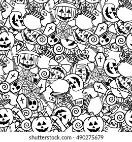 Doodle halloween seamless pattern. Coloring for adults.