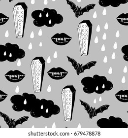 Doodle halloween seamless pattern. Fangs, bats and coffins. Grey background