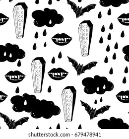 Doodle halloween seamless pattern. Fangs, bats and coffins