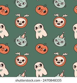 Doodle Halloween seamless pattern. Funny kids magic repeat background. Cute anime characters on green background. Autumn holiday print for fabric or wrapping paper