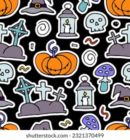 Doodle Halloween seamless pattern. Hand-drawn autumn pumpkin, grave, skull, witch hat on black background. Cute scary horror sticker for fall holiday, Day of the Dead. Vector color spooky illustration