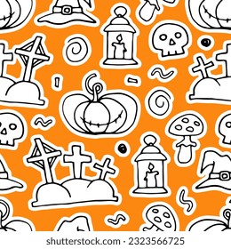 Doodle Halloween seamless pattern. Hand-drawn autumn pumpkin, grave, skull, witch hat on orange background. Cute scary horror sticker for fall holiday Day of the Dead. Vector color spooky illustration