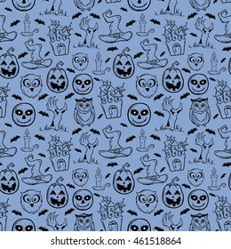 Doodle halloween seamless pattern with pumpkin, owl, witch hat, castle and bat on dark blue background