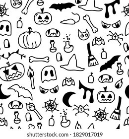 Doodle halloween seamless pattern. Spooky illustrations