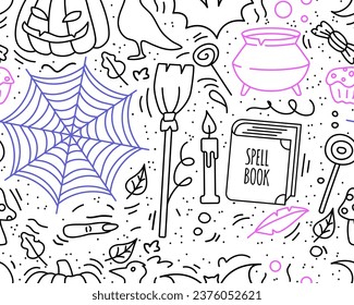 Doodle Halloween seamless pattern. Web. pumpkin, Jack-o-lantern, raven, witch cauldron, candle, broom, cut finger, autumn leaves. Occult stuff for fall celebration. Can be used for party decoration