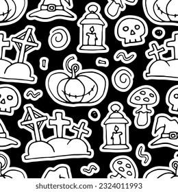 Doodle Halloween seamless pattern. White Hand-drawn autumn pumpkin, grave, skull, witch hat on black background. Cute scary horror sticker for fall holiday Day of the Dead. Vector spooky illustration