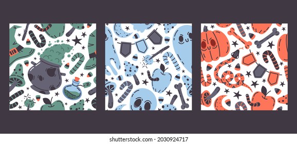 Doodle Halloween seamless patterns. Spooky fall holiday elements, witch cauldron, pumpkin, snake, poison mushroom vector background illustrations set. Halloween decorations patterns