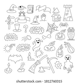 Doodle halloween set icon isolated on white. Hand drawing line art. Sketch vector stock illustration. EPS 10