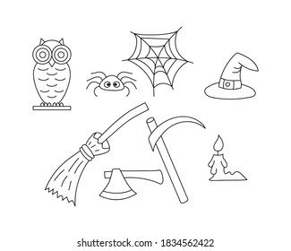 Doodle halloween set icon isolated on white. Hand drawing line art. Sketch vector stock illustration. EPS 10