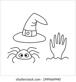 Doodle halloween set icon isolated on white. Hand drawing line art. Sketch vector stock illustration. EPS 10