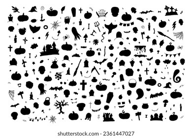 Doodle Halloween silhouette set. Hand-drawn autumn pumpkin, grave, ghost, cross, eye on white background. Cute scary horror banner for fall holidays, Day of the Dead. Vector color spooky illustration