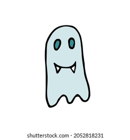 Doodle Halloween smiling ghost. Cartoon character with fangs isolated on white background. Hand-drawn cute scary evil spirits. Vector apparition sign for spooky autumn holidays, print, trick or treat