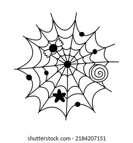 Doodle Halloween Spiderweb With Sweets.Vector Childish Cobweb With Candies.Trick Or Treat.Outline.Sketch.Isolated On White Background.