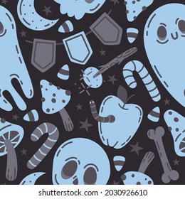 Doodle Halloween spooky elements seamless pattern. Autumn holidays scary elements, ghost, skull and poison mushroom vector background illustration. Halloween spooky pattern