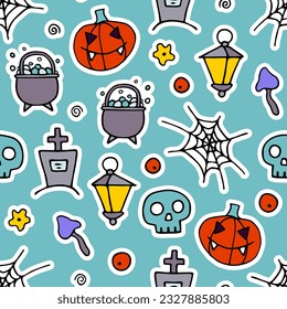 Doodle Halloween sticker seamless pattern. Hand-drawn autumn pumpkin, grave, cauldron, skull, web on blue background. Scary horror banner for fall holidays Day of the Dead. Vector spooky illustration