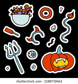 Doodle Halloween sticker set. Hand-drawn pumpkin, costume, horns, tail, eye, candy on black background. Cute scary horror banner for fall holidays, Day of the Dead. Vector color spooky illustration