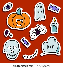 Doodle Halloween sticker set. Hand-drawn autumn pumpkin, spider, grave, ghost, skull on orange background. Cute scary horror banner for fall holidays, Day of the Dead. Vector color spooky illustration