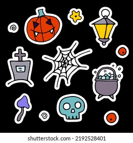Doodle Halloween sticker set. Hand-drawn autumn pumpkin, grave, cauldron, skull, web on black background. Cute scary horror banner for fall holidays, Day of the Dead. Vector color spooky illustration