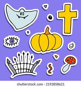 Doodle Halloween sticker set. Hand-drawn autumn pumpkin, grave, ghost, cross, eye on violet background. Cute scary horror banner for fall holidays, Day of the Dead. Vector color spooky illustration