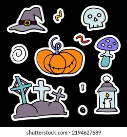 Doodle Halloween sticker set. Hand-drawn autumn pumpkin, grave, skull, witch hat on black background. Cute scary horror banner for fall holidays, Day of the Dead. Vector color spooky illustration