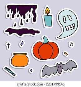 Doodle Halloween sticker set. Hand-drawn autumn pumpkin, ghost, cross, slime, candle on violet background. Cute scary horror banner for fall holidays, Day of the Dead. Vector color spooky illustration