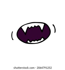 Doodle Halloween vampire fangs. Color canine isolated on white background. Hand-drawn cute scary tusks. Mystical grin sketch. Vector cuspid illustration for spooky autumn holidays, The day of the Dead