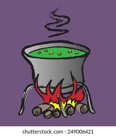doodle halloween witch's cauldron with green bubbling, vector