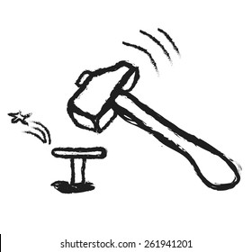 doodle hammer and metal nail, vector