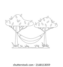 Doodle hammock stretched between the trees. Outdoor recreation, camping. Outline black and white vector illustration isolated on a white background.