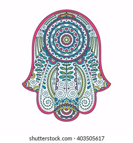 Doodle hamsa. Vector hand drawn hamsa with floral ornament. Amulet with ethnic design. Good luck amulet.  Isolated. Pink, yellow and blue colors.