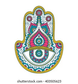 Doodle hamsa. Vector hand drawn hamsa with abstract floral ornament. Hand of Fatima. Amulet with ethnic design. Isolated. Pink, yellow and blue colors.