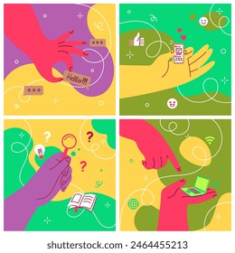 Doodle hand. Arm holding phone. Study book with searching magnifier. Smartphone call. Online messenger. Laptop on giant palm. Abstract shapes. Internet chat. Hello message. Vector color banners set