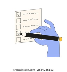 Doodle hand with Checklist isolated transparent background. Checking element for Education Medical banner placard cover template. Perfect simple vector illustration.	