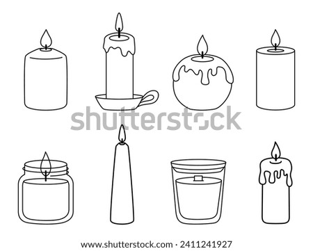 Doodle hand draw candle set. Cozy home decor. Burning aroma candle in jar, candlestick.
