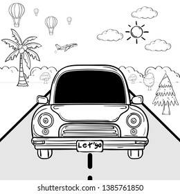 doodle Hand Draw Car cartoon traveler with smoke and asset travel around the world concept isolate on white background