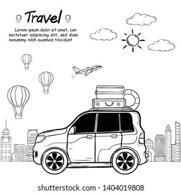 doodle Hand Draw Car cartoon traveler with smoke and asset travel around the world concept isolate on white background.