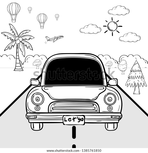 doodle Hand\
Draw Car cartoon traveler with smoke and asset travel around the\
world concept isolate on white\
background