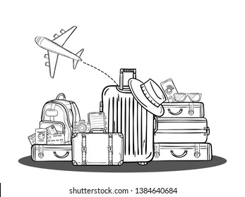 doodle hand draw cartoon luggage and accessories asset travel around the world concept summer banner. plane check in on white Background blank space for text and content paper art, vector, Card, 