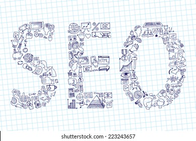 Doodle hand draw composition from word seo in sketchy seo  icons.Business concept on notepaper background. Vector illustration