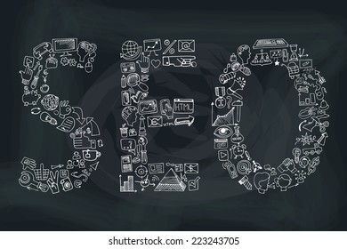 Doodle hand draw composition from word seo in sketchy seo  icons.Business concept on chalkboard background. Vector illustration