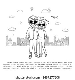 doodle hand draw couple woman and man cute cartoon traveler with luggage on white Background travel around the world concept. Hand Draw,