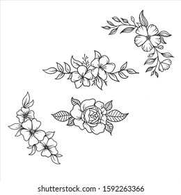 doodle hand draw flowers for decoration and coloring,  flowers sketch vector illustration, botanical set, leaf element 