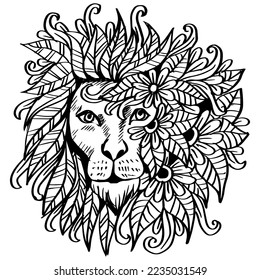 Dibujo manual de la cabeza de león decorativo con elemento floral