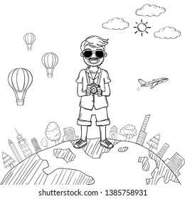 doodle hand draw man cute cartoon traveler with luggage on white Background travel around the world concept.