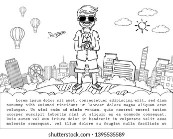 doodle hand draw man cute cartoon traveler on white Background travel around the world concept. Hand Draw,