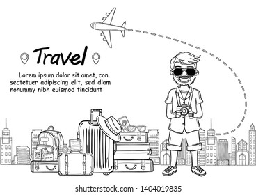 doodle hand draw man cute cartoon traveler on white Background travel around the world concept. Hand Draw,