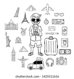 doodle hand draw man traveler with luggage. Top world famous landmark and plane check in point travel accessories around the world concept on Background Design. blank space for text and content. 