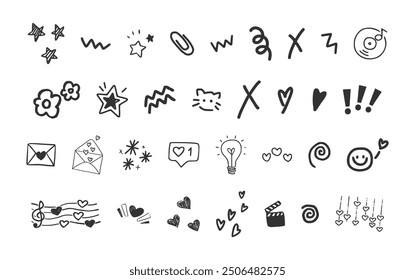 doodle hand draw object collection stars expression cute heart elements vector design