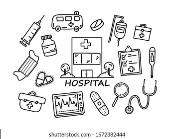 Doodle hand draw on tablet is hospital element. Vector illustration. 